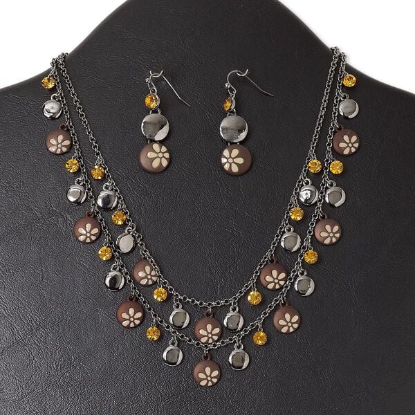 Necklace and earring set, 2-strand, gunmetal-finished "pewter" (zinc-based alloy) and steel / glass rhinestone / enamel, brown / tan / gold, flat round with flower design, 15" to 16" necklace with lobster claw clasp and 3-inch extender chain, 1-3/4 inch earring with fishhook ear wire. Sold per set. image number 0