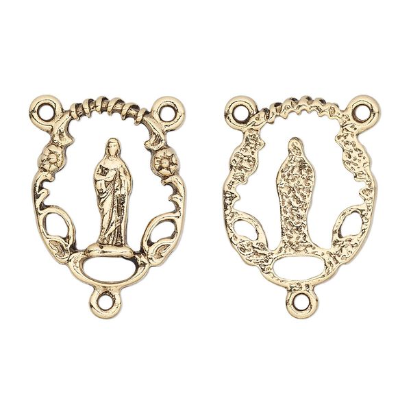 Connector, antique gold-plated pewter (tin-based alloy), 20x16mm open oval rosary with Virgin Mary. Sold individually. image number 0
