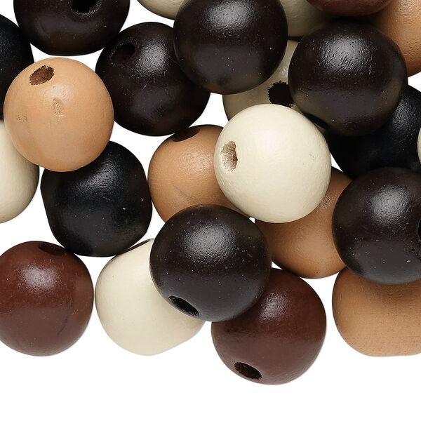 Bead mix, painted Korean boxwood, browns / black / natural, 20mm round. Sold per 1/4 pound pkg, approximately 45 beads. image number 0