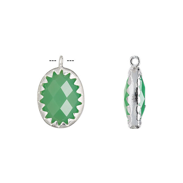 Drop, chalcedony (dyed) and sterling silver, sea green, 15x11mm double-sided faceted oval. Sold individually. image number 0