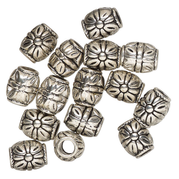 Bead, antique silver-finished "pewter" (zinc-based alloy), 10x9mm barrel. Sold per pkg of 15. image number 0