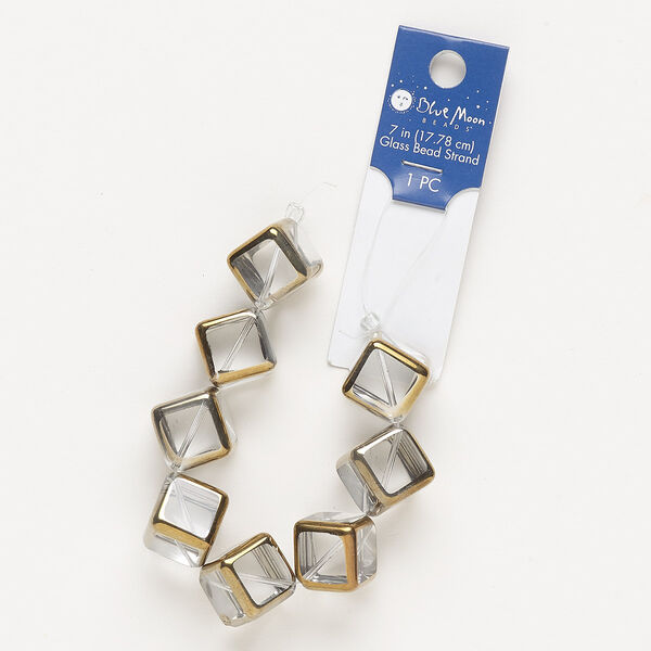 Bead, glass, transparent light smoke and gold, 15-16mm diagonally-drilled cube with 0.4-0.6mm hole. Sold per 7-inch strand. image number 0