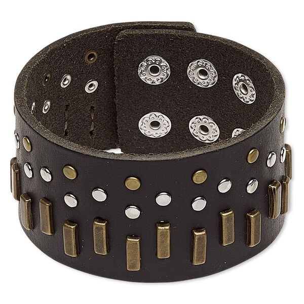 Bracelet, leather (dyed) / imitation rhodium- / antique brass-plated steel / "pewter" (zinc-based alloy), black, 38mm wide with rectangle and round studs, adjustable from 5-1/2 to 6-1/2 inches with double snap closure. Sold individually. image number 0