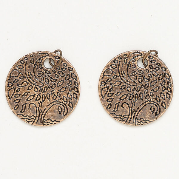 Charm, steel, pkg/2, antique copper finish, 24-25mm tree round. image number 0