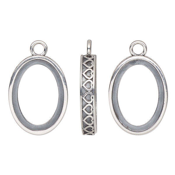 Drop, antiqued sterling silver, 20x15mm oval with 18x13mm oval setting and heart design with open back. Sold individually. image number 0