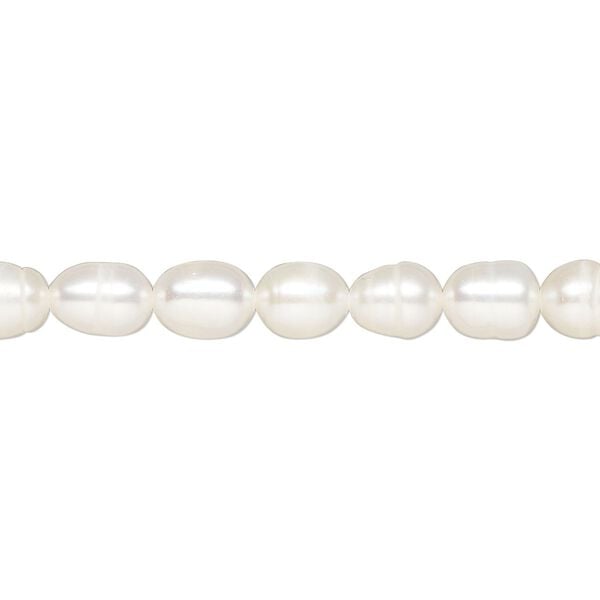 Pearl, cultured freshwater (bleached), white, 5-6mm rice, D grade, Mohs hardness 2-1/2 to 4. Sold per 15-inch strand. image number 0