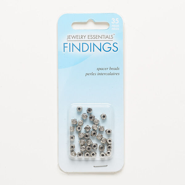 Bead, antiqued silver-finished "pewter" (zinc-based alloy), 4x4mm faceted cube with flower design. Sold per pkg of 35. image number 0