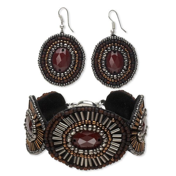 Bracelet and earring, Everyday Jewelry, velveteen / glass / acrylic / silver-finished steel / silver-coated plastic, grey / black / brown, 37mm wide, 7-1/2 inches with toggle clasp, 1-1/2 inch earrings with fishhook ear wire. Sold per set. image number 0