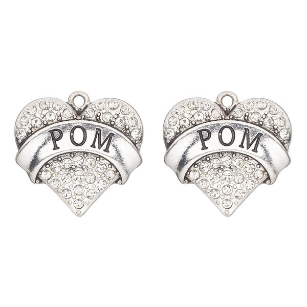 Charm, antique silver-finished "pewter" (zinc-based alloy) and glass, clear, 25x23mm single-sided heart with "pom". Sold per pkg of 2. image number 0