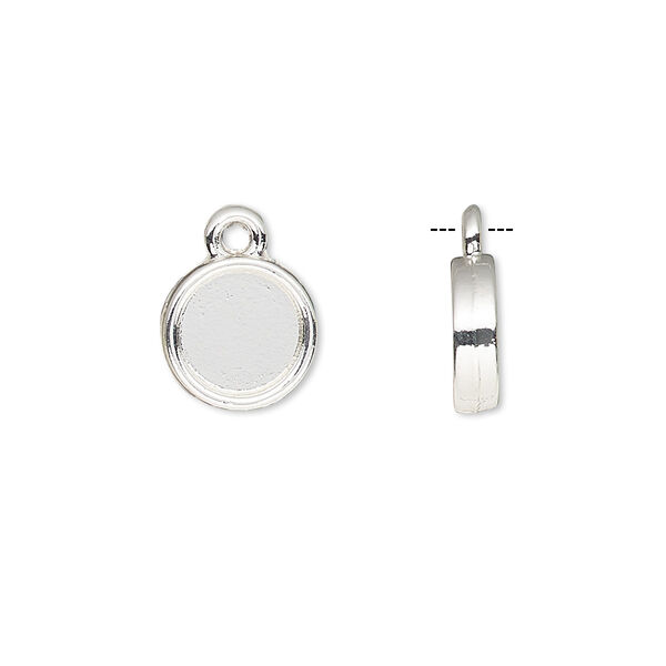 Drop, silver-finished brass, 10mm double-sided round with 8mm round setting. Sold per pkg of 10. image number 0
