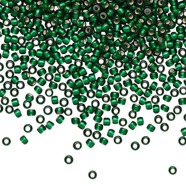 Seed bead, TOHO BEADS®, glass, pkg/250g, #11 round, translucent silver-lined frosted green emerald (TR-11-36F). image number 0
