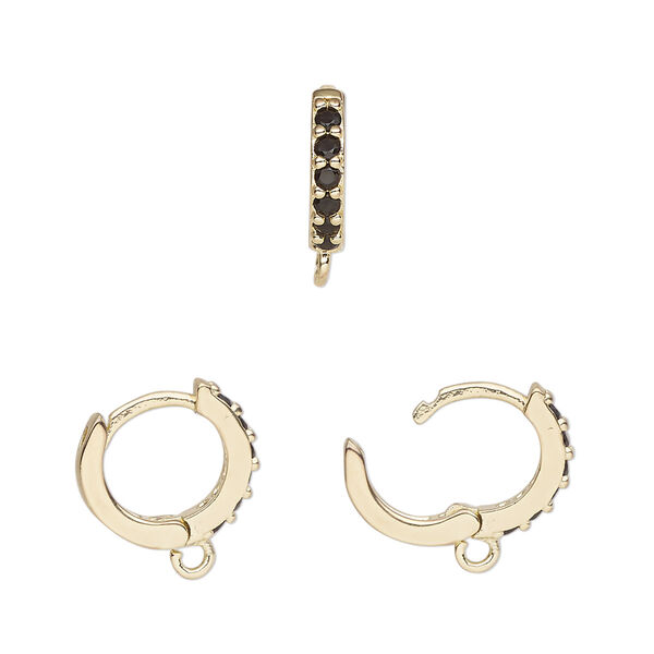 Hoop, gold-finished brass and glass, black, 13mm hoop, 17 gauge. Sold per pair. image number 0