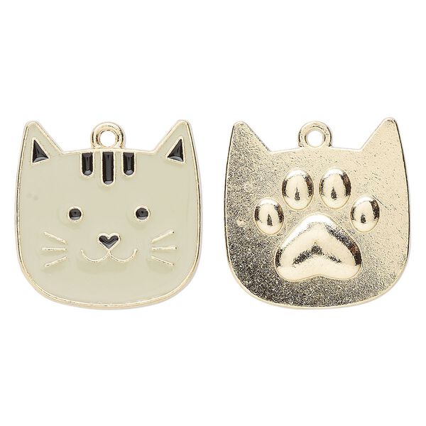 Charm, gold-finished "pewter" (zinc-based alloy) and enamel, grey and black, 22.5x22mm two-sided cat face. Sold per pkg of 2. image number 0