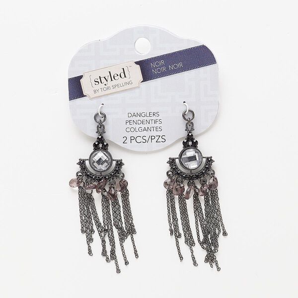 Focal, glass / glass rhinestone / acrylic / gunmetal-finished "pewter" (zinc-based alloy), light purple / black / clear, 3x1 inches. Sold per pkg of 2. image number 0