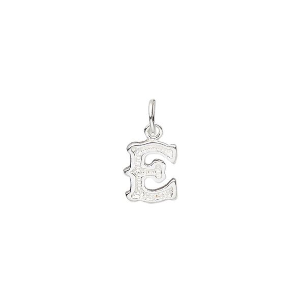 Charm, sterling silver, 9x7mm fancy block alphabet letter "E." Sold individually. image number 0