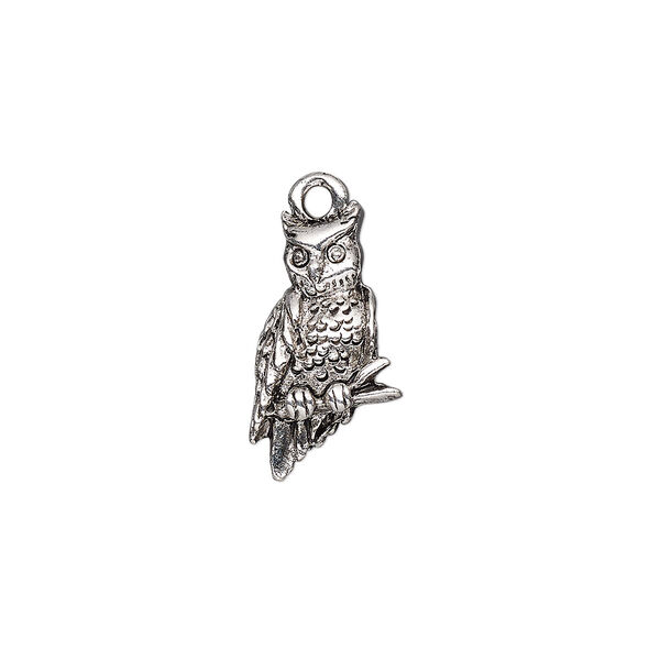 Charm, antique silver-plated pewter (tin-based alloy), 20x11.5mm 3D owl. Sold individually. image number 0