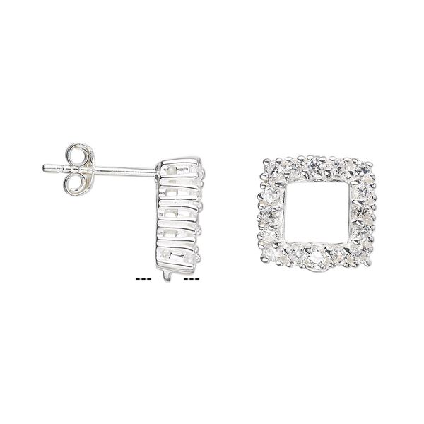 Earstud 1pkg2 sterling silver / cubic zirconia, 12mm open square / closed loop, clear 1 pair image number 0