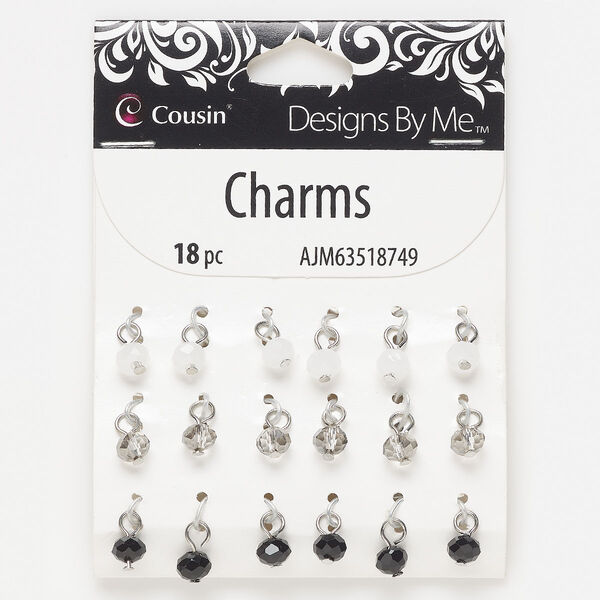 Drop, silver-finished steel and glass, black / grey / white, 6x5mm rondelle. Sold per pkg of 18. image number 0