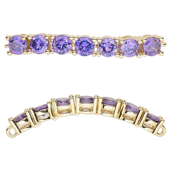 Focal, cubic zirconia and gold-plated brass, amethyst, 40x5mm curved rectangle. Sold individually. image number 0
