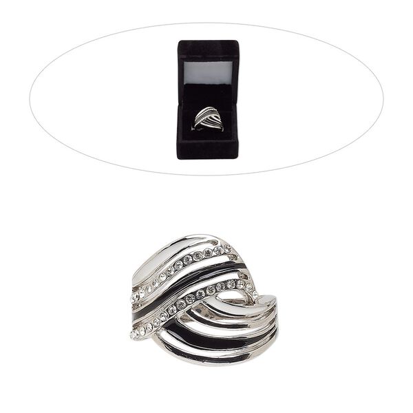 Ring, cubic zirconia / enamel / rhodium-finished brass, clear / white / black, 19.5mm wide with overlay knot, size 8. Sold individually. image number 0