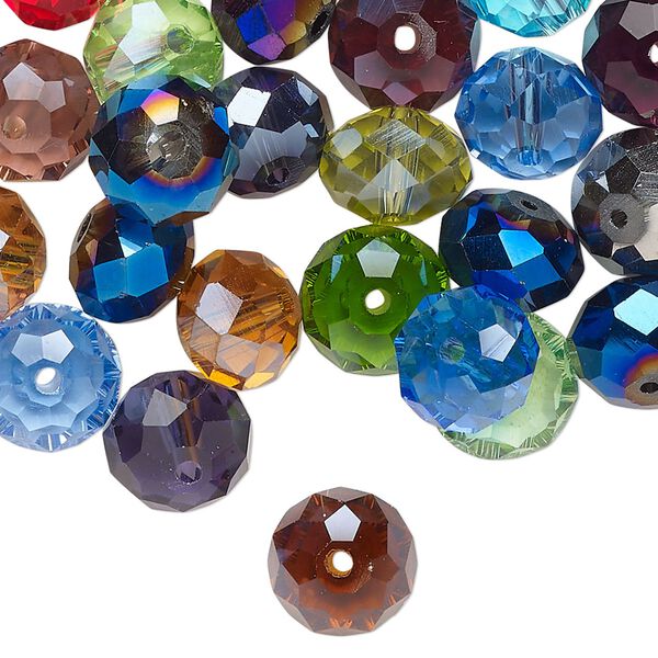 Bead mix, glass, pkg/2 ounces, opaque to transparent mixed colors, 10x8mm-11x9mm faceted rondelle. image number 0