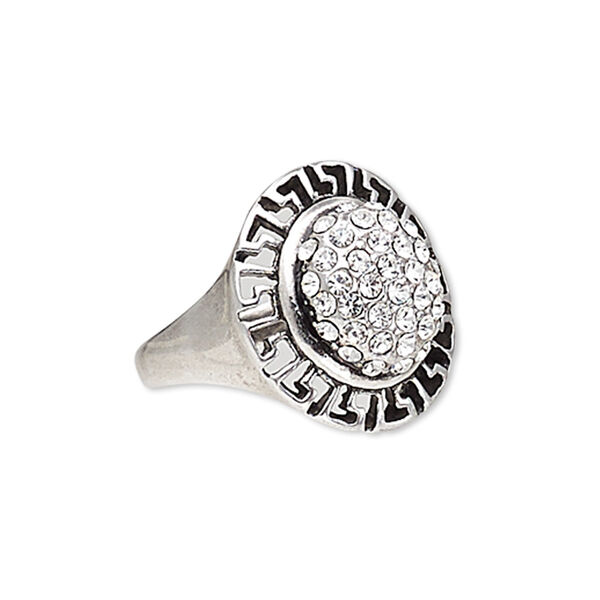 Ring, Austrian crystal and antique silver-plated "pewter" (zinc-based alloy), clear, 20x18.5mm oval, size 8. Sold individually. image number 0
