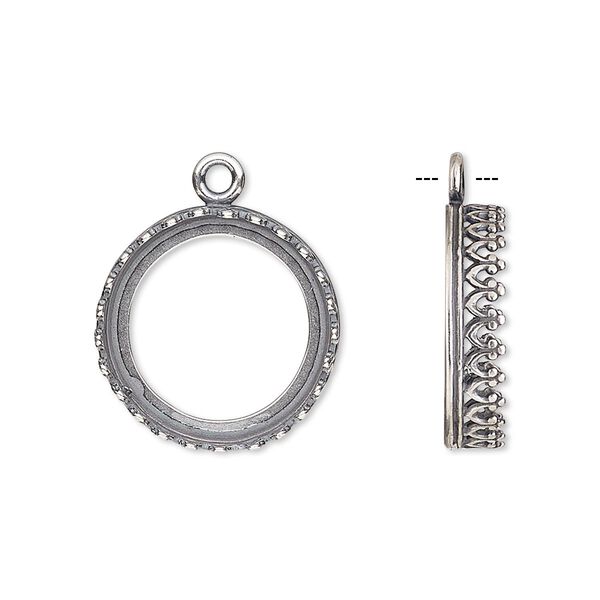 Drop, JBB Findings, antique silver-plated brass, 18mm round with open back and decorative trim, 16mm round bezel setting. Sold per pkg of 2. image number 0