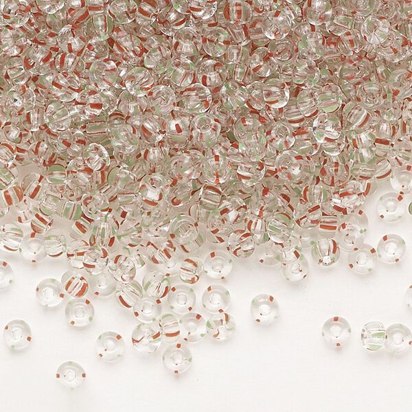 Seed bead, Preciosa Ornela, glass, transparent red / green / clear, #8 rocaille. Sold per 50-gram pkg. image number 0