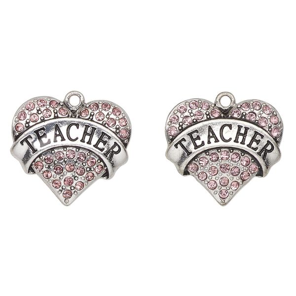 Charm, antique silver-finished enamel "pewter" (zinc-based alloy) and glass, pink and black, 24x23mm heart with "Teacher". Sold per pkg of 2. image number 0