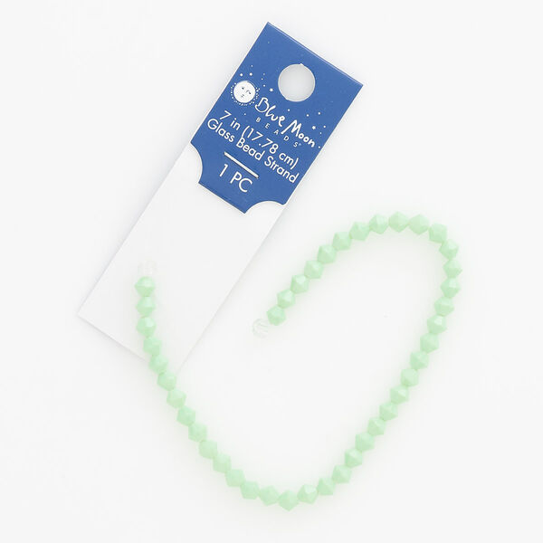 Bead, glass, opaque green, 4mm faceted bicone with 0.6mm hole. Sold per 7-inch strand. image number 0