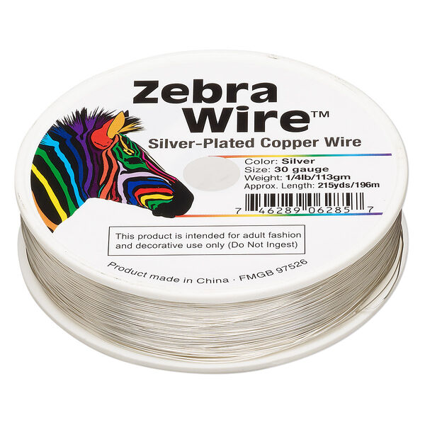 Wire, Zebra Wire™, silver-plated copper, round, 30 gauge. Sold per 1/4-pound spool, approximately 215 yards. image number 0
