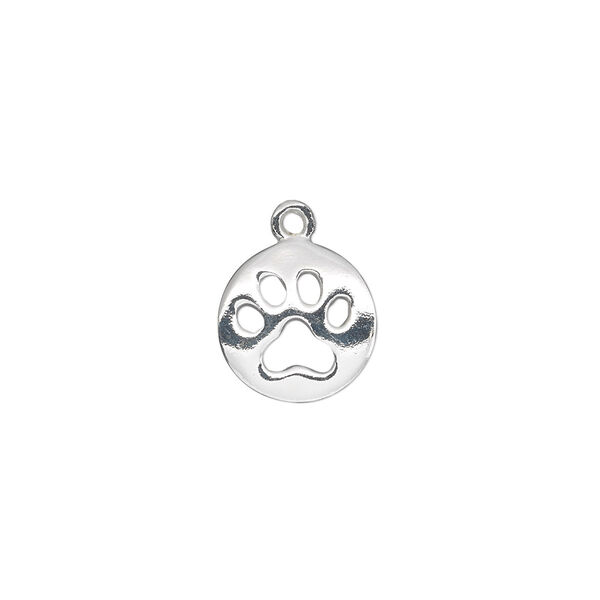Charm, sterling silver, 12mm single-sided flat round with dog paw cutout. Sold individually. image number 0