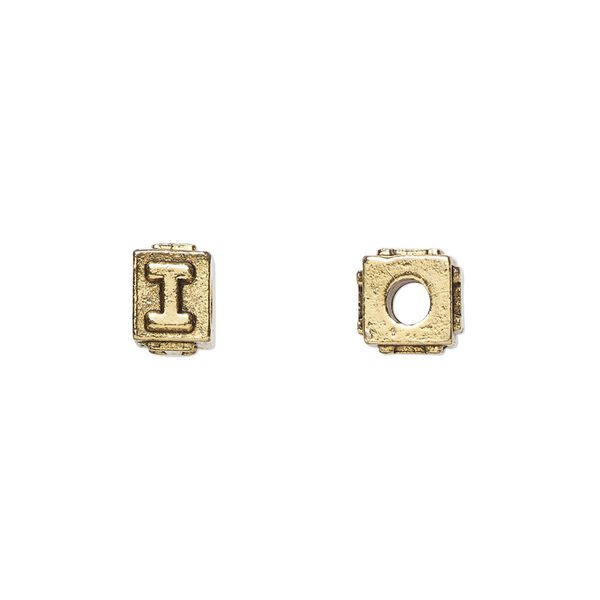 Bead, antique gold-plated pewter (tin-based alloy), 8x6mm rectangle with alphabet letter "I." Sold per pkg of 4. image number 0