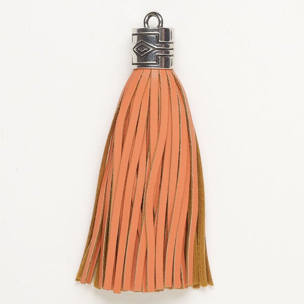 Tassel, "pewter" (zinc-based alloy) and faux leather, pkg/1, silver finish/salmon/brown, 4 inches. image number 0