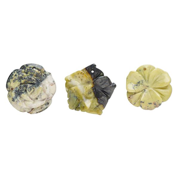 Yellow "turquoise" (serpentine with quartz) 1pkg3, carved flower drop natural mix 29x23mm-33x32mm image number 0