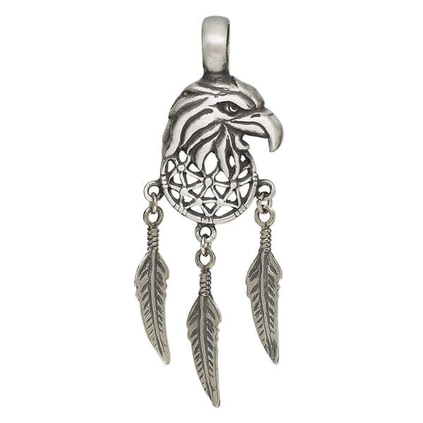 Pendant, Powerful Pewter Pendants, pewter (tin-based alloy), 67x23mm single-sided eagle head with three dangling feathers. Sold individually. image number 0
