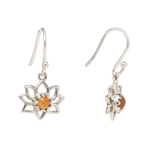 Earring, Create Compliments®, antiqued sterling silver and carnelian (dyed/heated), fishhook, 26mm with 14.5x12mm single-sided open lotus, 21 gauge. Sold per pair. image number 0