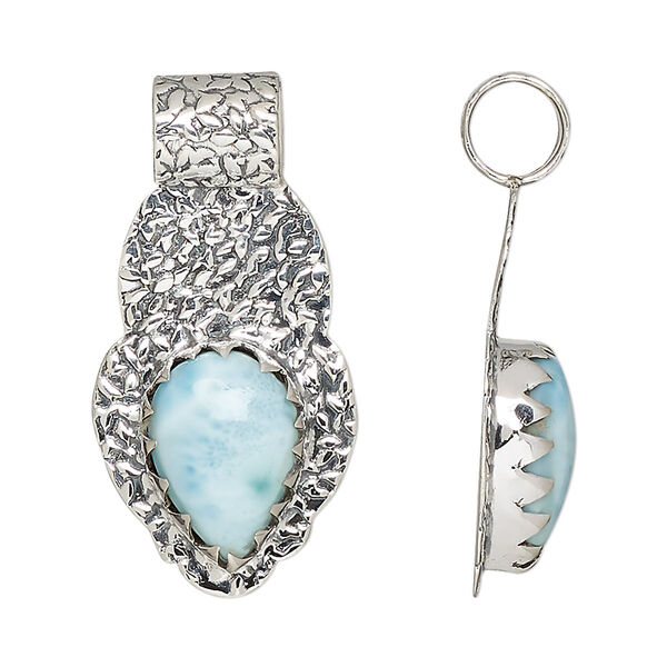 Pendant, larimar (natural) and antiqued sterling silver, 34x17mm hammered with 14x10mm teardrop. Sold individually. image number 0