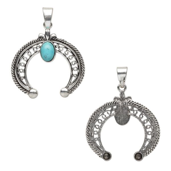 Pendant, "turquoise" (resin) (imitation) and antique silver-finished "pewter" (zinc-based alloy), turquoise blue, 53.5x53mm single-sided naja. Sold individually. image number 0