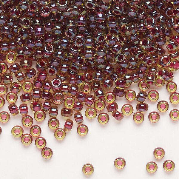 Seed bead, Miyuki, glass, pkg/250g, #8 rocaille, translucent wine-lined luster peridot (RR-336). image number 0