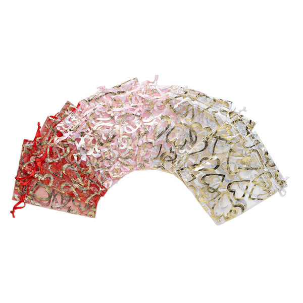 Pouch, organza, pink / red / white, 4-1/2 x 3 inches with metallic gold heart pattern and drawstring closure. Sold per pkg of 12. image number 0
