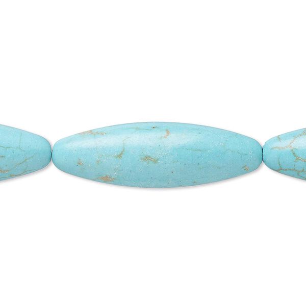 Bead, magnesite (dyed / stabilized), teal, 29x9mm-31x11mm oval, C grade, Mohs hardness 3-1/2 to 4. Sold per 8-inch strand. image number 0