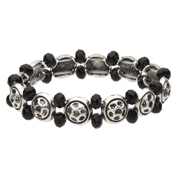 Bracelet, stretch, glass and antique silver-finished "pewter" (zinc-based alloy), black, 13.5mm wide with 6x4mm faceted rondelle and 11mm flat round, 6 inches. Sold individually. image number 0