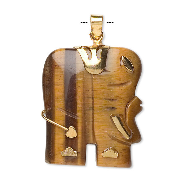 Tigereye / "pewter" (zinc-based alloy) 1pkg1, gold-finished hand-cut 1-sided elephant pendant natural 28x23mm-30x25mm image number 0