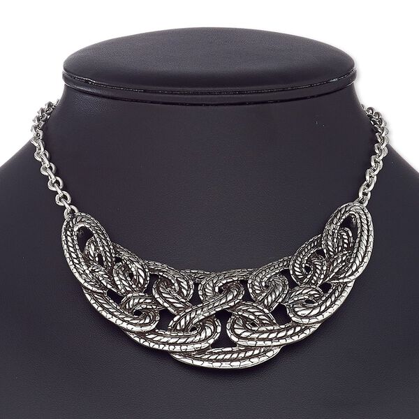 Necklace, antique silver-coated plastic with antique silver-plated steel and "pewter" (zinc-based alloy), 4x2-1/2 inch woven crescent, 16 inches with 2-1/2 inch extender chain and lobster claw clasp. Sold individually. image number 0
