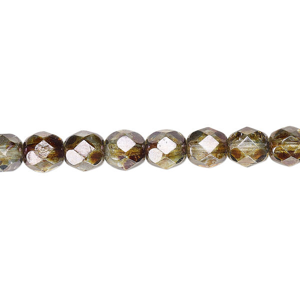 Bead 1pkg60 Czech fire-polished glass, 6mm faceted round, translucent half-coated luster peridot green image number 0