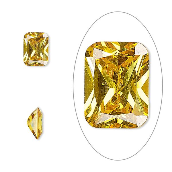 Gem, cubic zirconia, topaz gold, 8x6mm faceted emerald-cut, Mohs hardness 8-1/2. Sold per pkg of 2. image number 0
