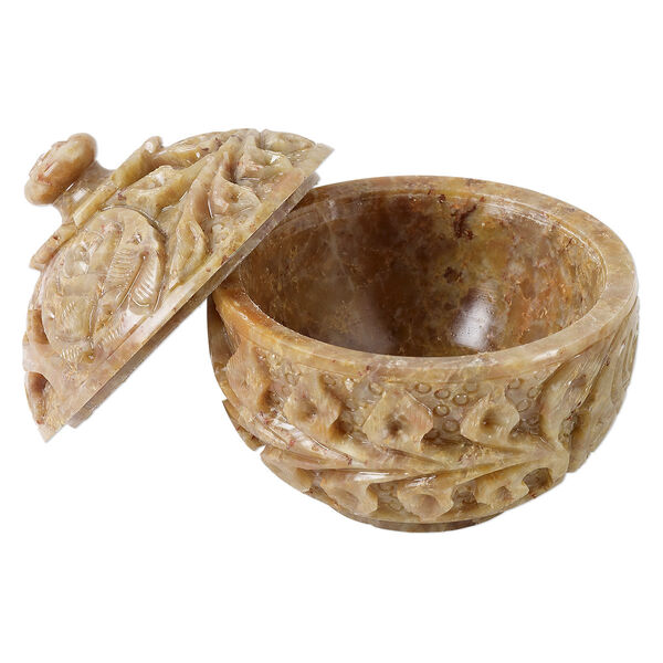 Soapstone 1pkg1, hand-carved round trinket box / flower / vine design lacquered 3.75x3.5 inch image number 0