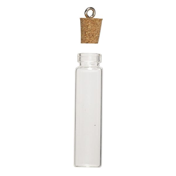 Component, glass / cork / nickel-finished steel, clear, 45x11mm bottle with stopper and screw eye. Sold per pkg of 100. image number 2