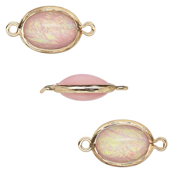 Link, Opalized Ice™, "opal" (resin) and gold-finished brass, light pink, 16x12mm double-sided oval. Sold per pkg of 4. image number 0